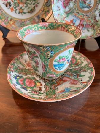 Image 3 of Antique Chinese rose medallion cups and plates