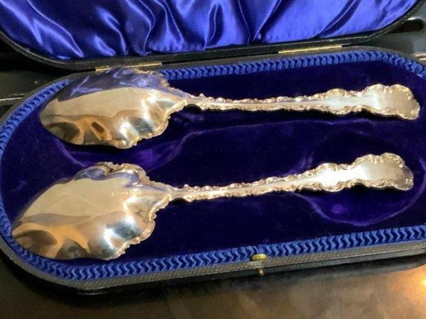 Image 4 of Silver & Gilt Pair of Serving Spoons in their original Case