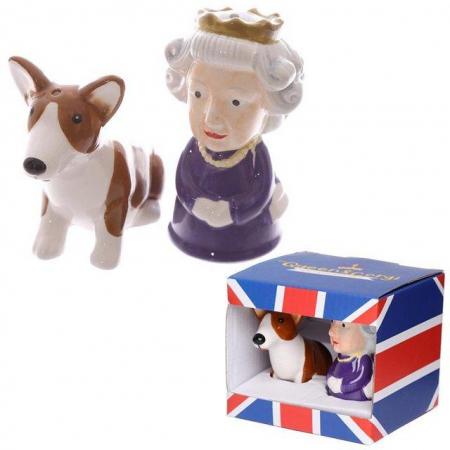 Image 1 of Novelty Collectable Queen and Corgi Ceramic Salt and Pepper