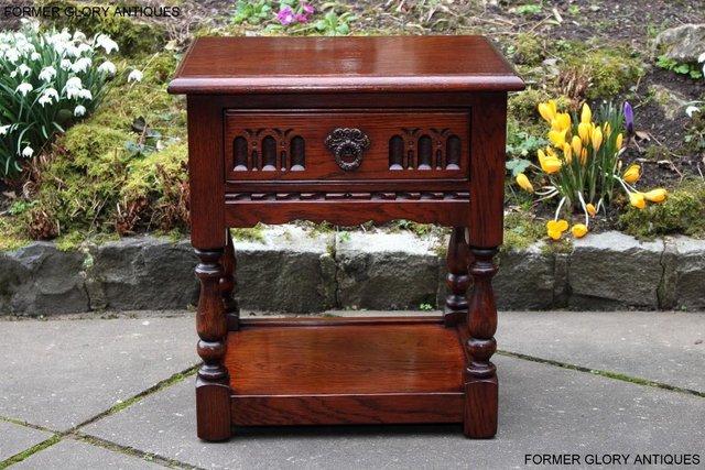 Image 21 of AN OLD CHARM TUDOR BROWN CARVED OAK BEDSIDE PHONE LAMP TABLE