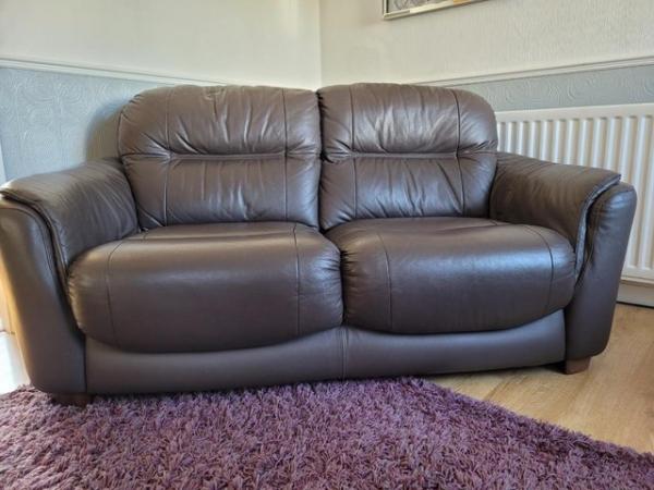 Image 1 of Leather 2 seater sofa.Brown, excellent plus condition!