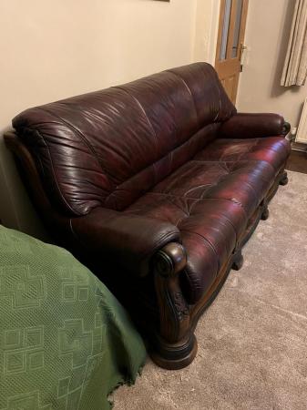 Image 1 of FREE 3 seater sofa and chair -brown leather wood surround