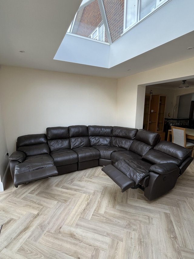 Large Walnut brown leather curved corner sofa