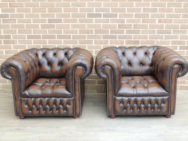 Preview of the first image of Pair of Fully Buttoned Chesterfield Armchairs (UK Delivery).