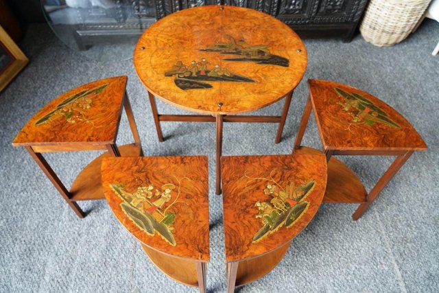 Image 1 of Antique Shibayama Inlaid Japanese Nested Tables Burr Walnut