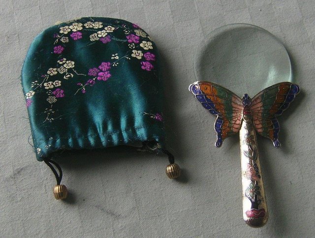 Preview of the first image of Vintage Cloisonne Butterfly magnifier with carrying pouch.