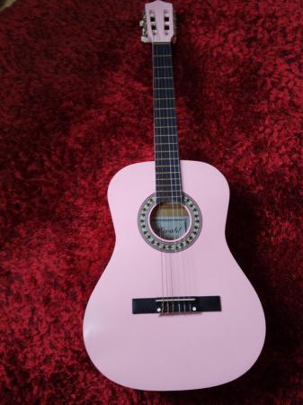Image 1 of Pink 3/4 size guitar with soft case