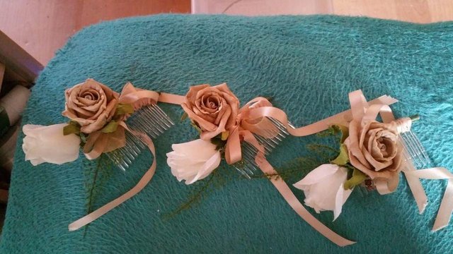 Preview of the first image of Brand new taupe & white bridesmaid's hair slides.