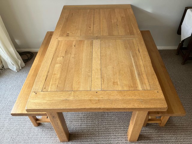Preview of the first image of Solid French Blonde Oak Table plus 2 Solid Oak Beches.