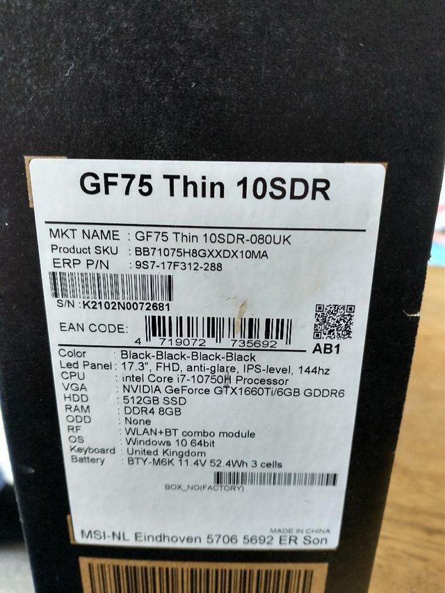 Preview of the first image of MSI Laptop GF75 Thin - Selling due to upgrading.