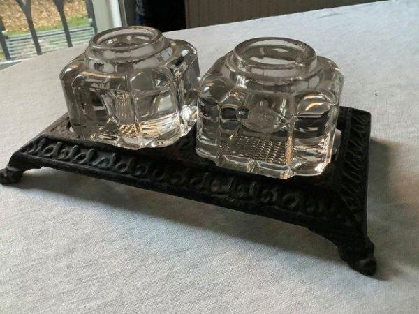 Image 2 of Vintage cast iron inkwell stand and 2 glass bottles