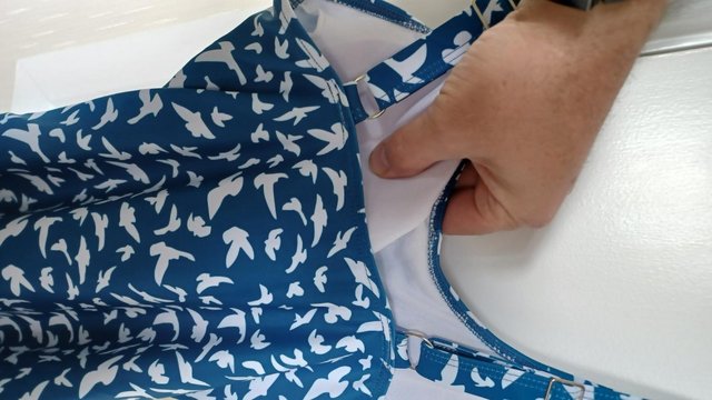 Preview of the first image of Spandex/Nylon Lined Blue/White Swimsuit Small with padded to.
